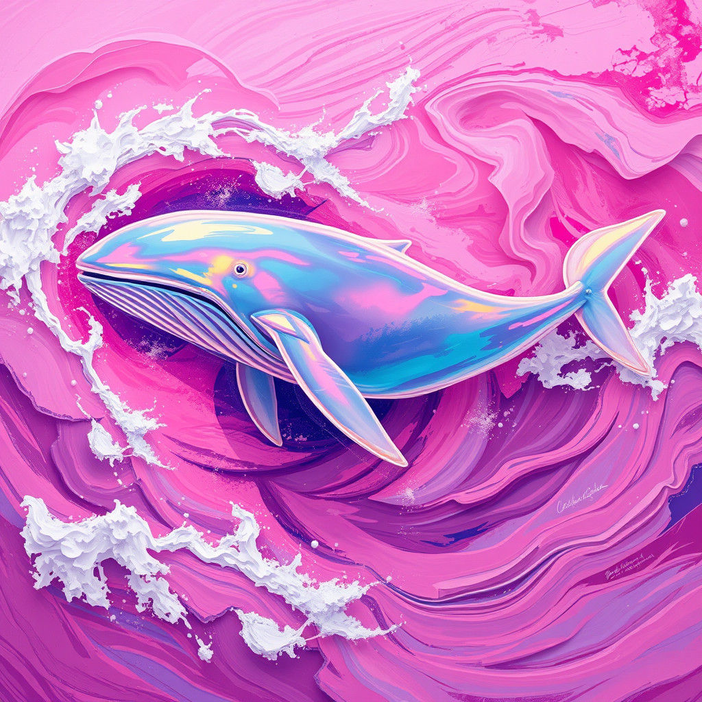 Rainbow Whale in Pink Waves: Urban Art Style