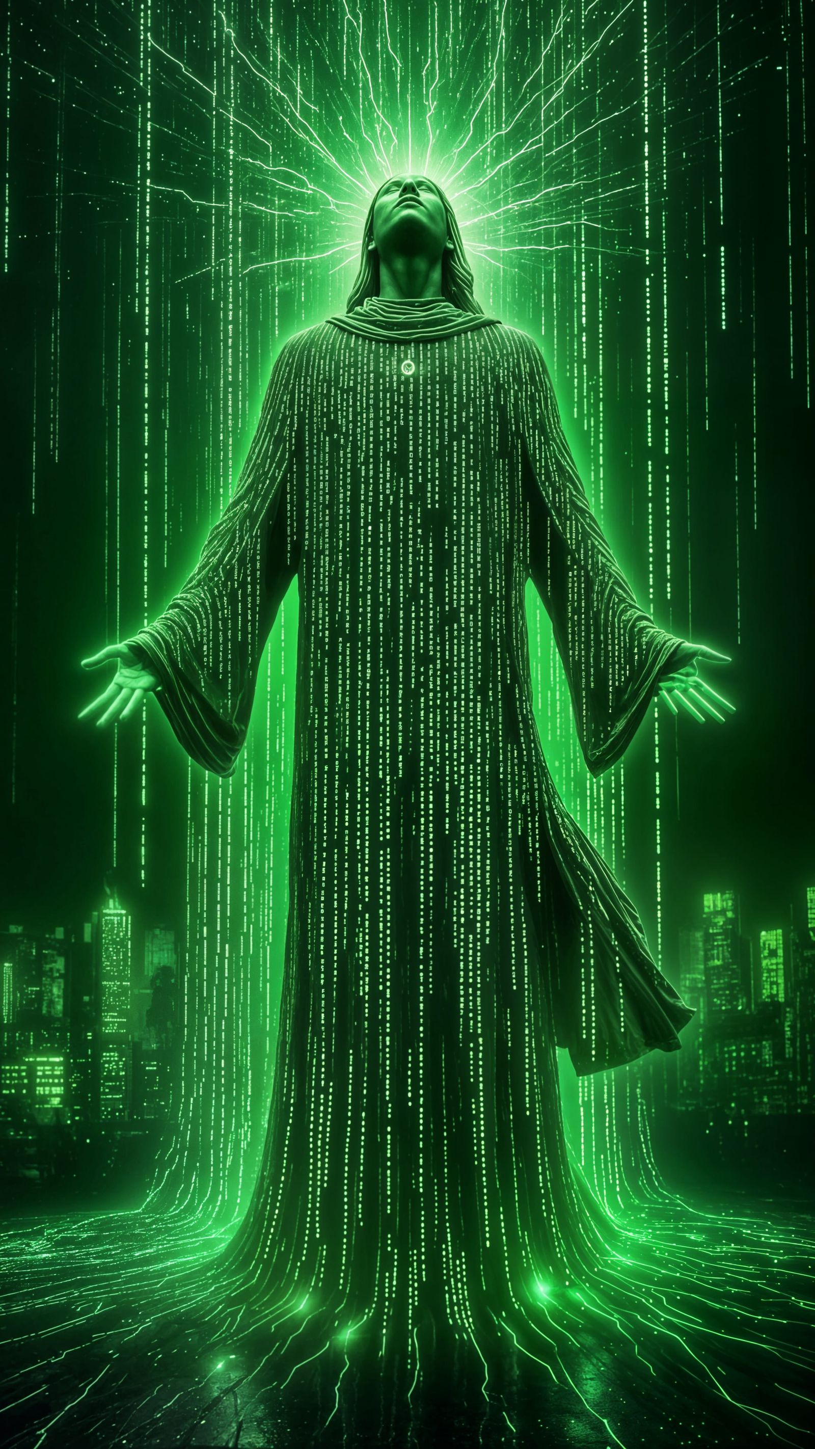 Digital Jesus Ascends in Green ASCII Rain
