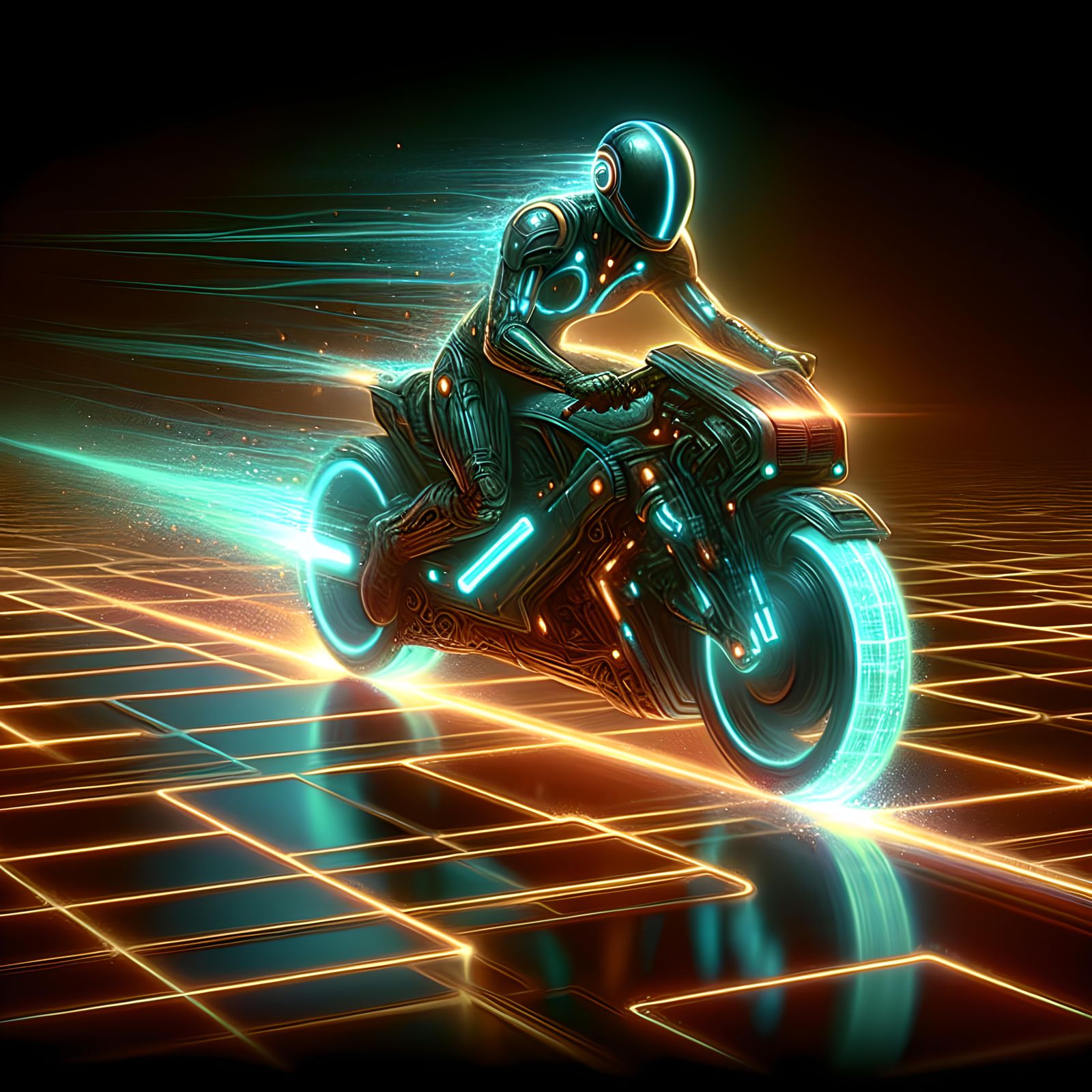 Tron-Inspired Rider on Digital Frontier