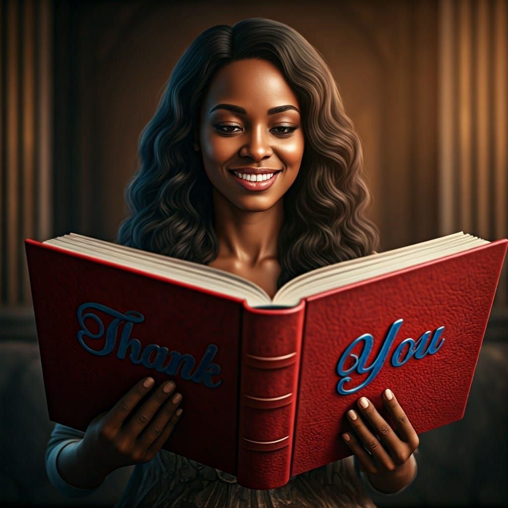 Woman Reading 'Thank You' Book in Digital Art Style