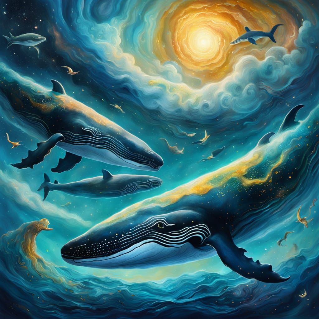 Whales Floating in Space: Surreal Oil Painting