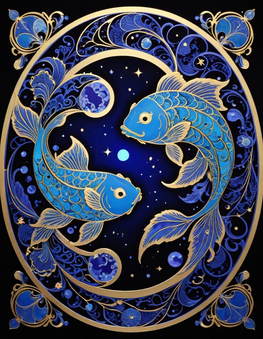 Golden Zodiac Art in Art Deco Style