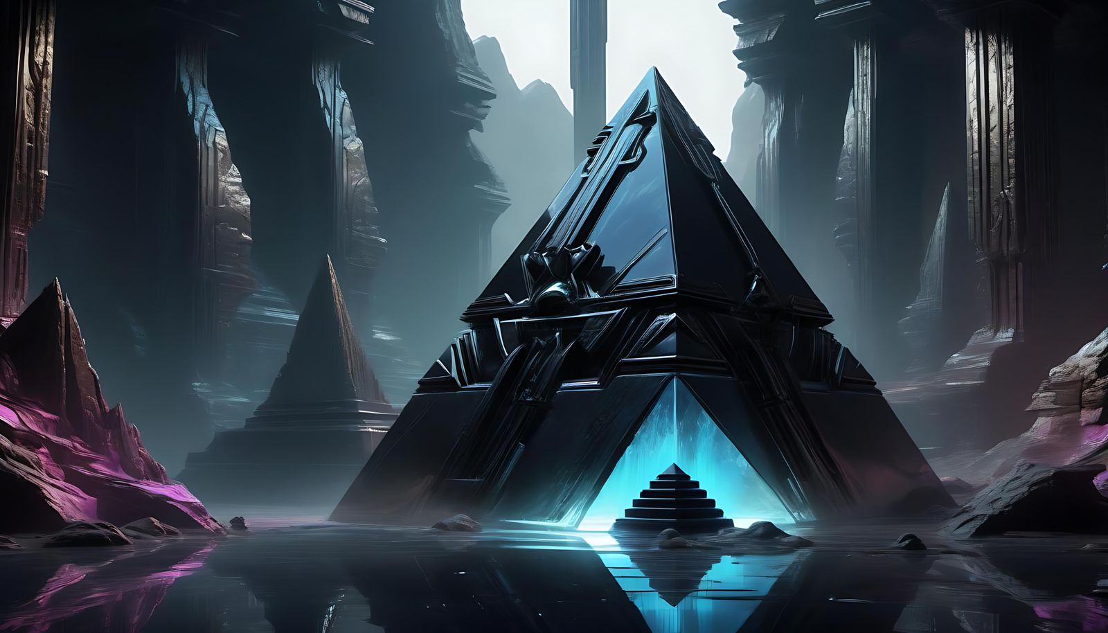 Futuristic Obsidian Craft Over Crystal Pyramid, Digital Art