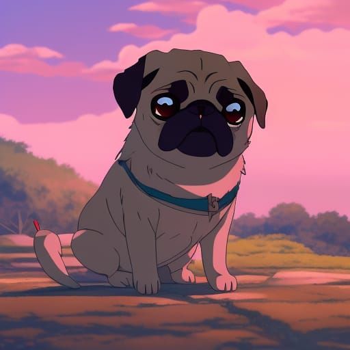 Cute Pug with Toy in Ghibli Anime Style