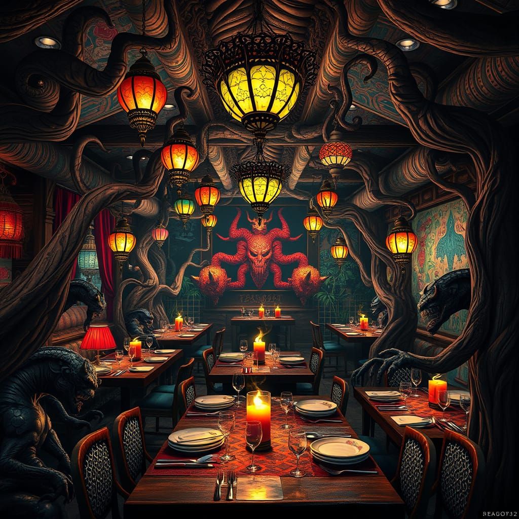 Surreal Restaurant Scene Blends Dark Fantasy and Vibrant Cul...