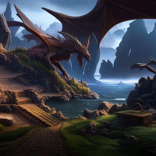 Dragons Embrace: Detailed Matte Painting in Deep Color