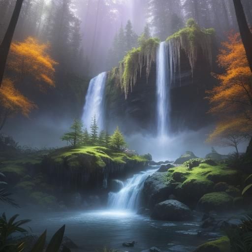 Magical Waterfall in Mystical Forest Concept Art