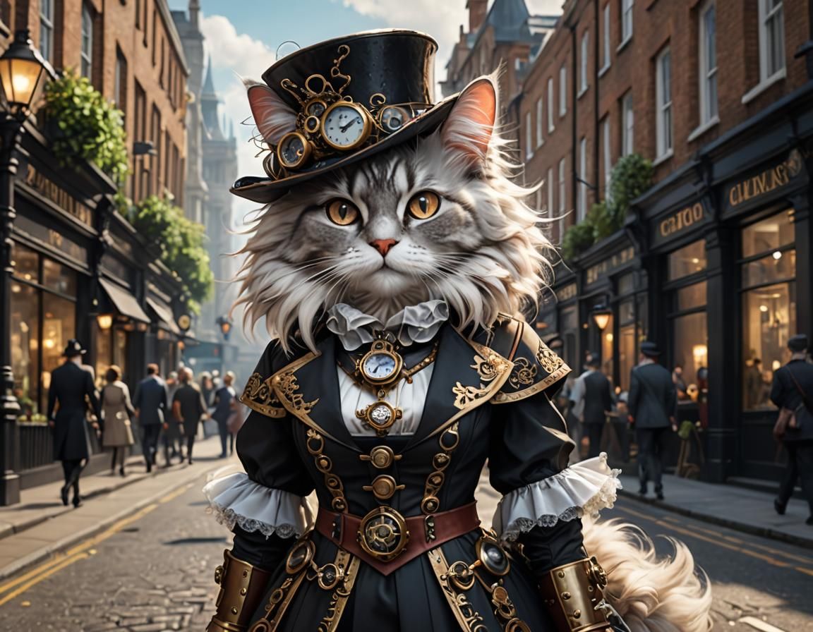 Steampunk Angora Cat in London: 3D Anime Art