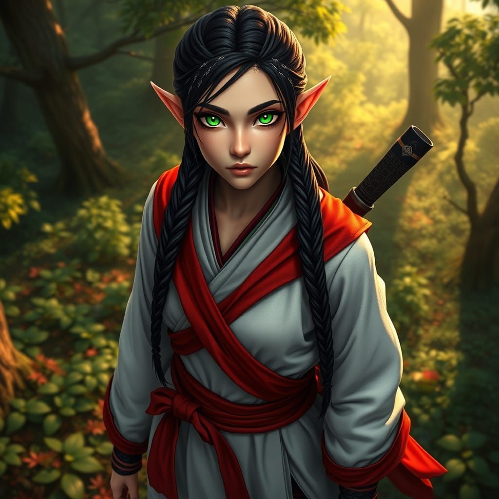 Elegant Elven Ninja Embodies Quiet Strength in Forest Landsc...