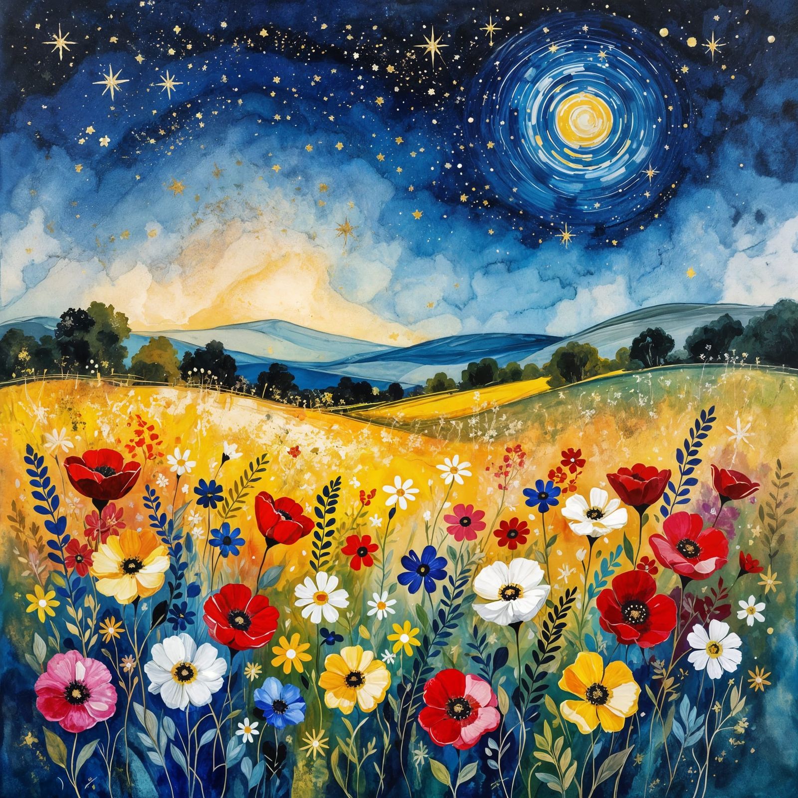 Wildflowers Dancing Under Celestial Night Sky