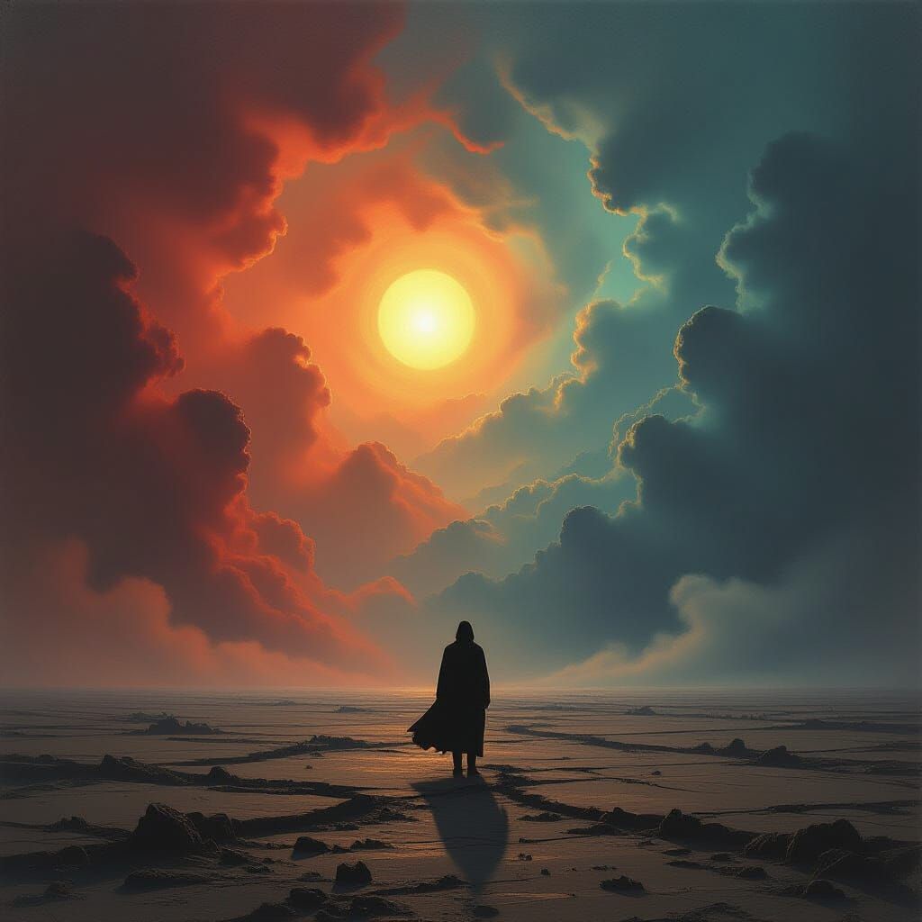 Solitary Figure on Windswept Plain Under Alien Sky