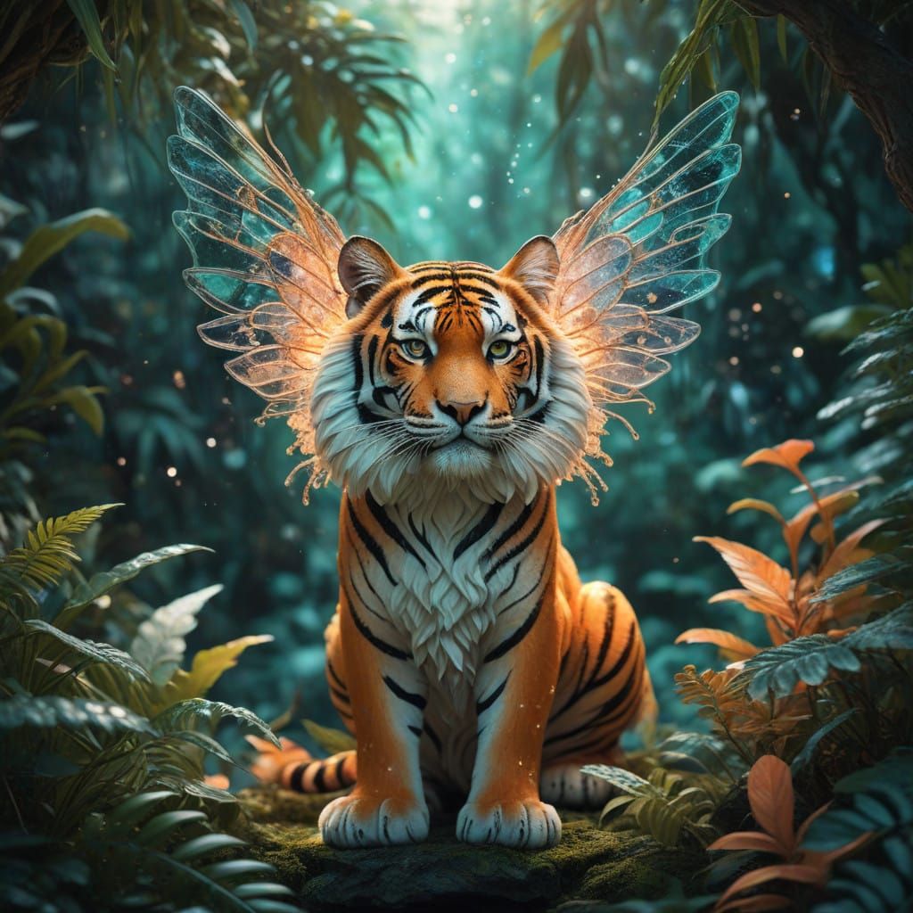 Majestic Tiger with Ethereal Fairy Wings in Vibrant Orange a...