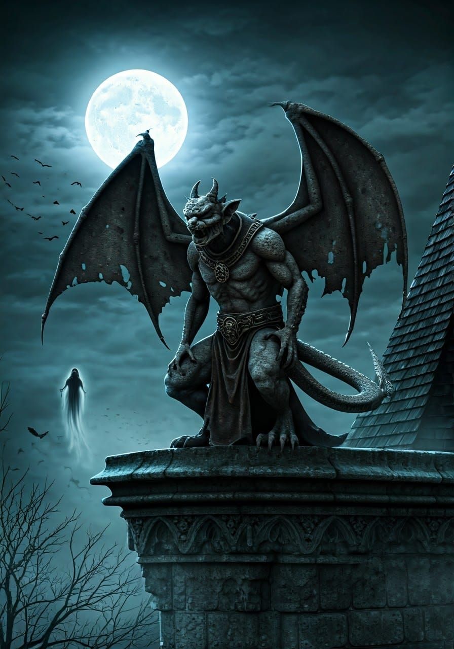 Gargoyle on Haunted Castle Roof at Halloween