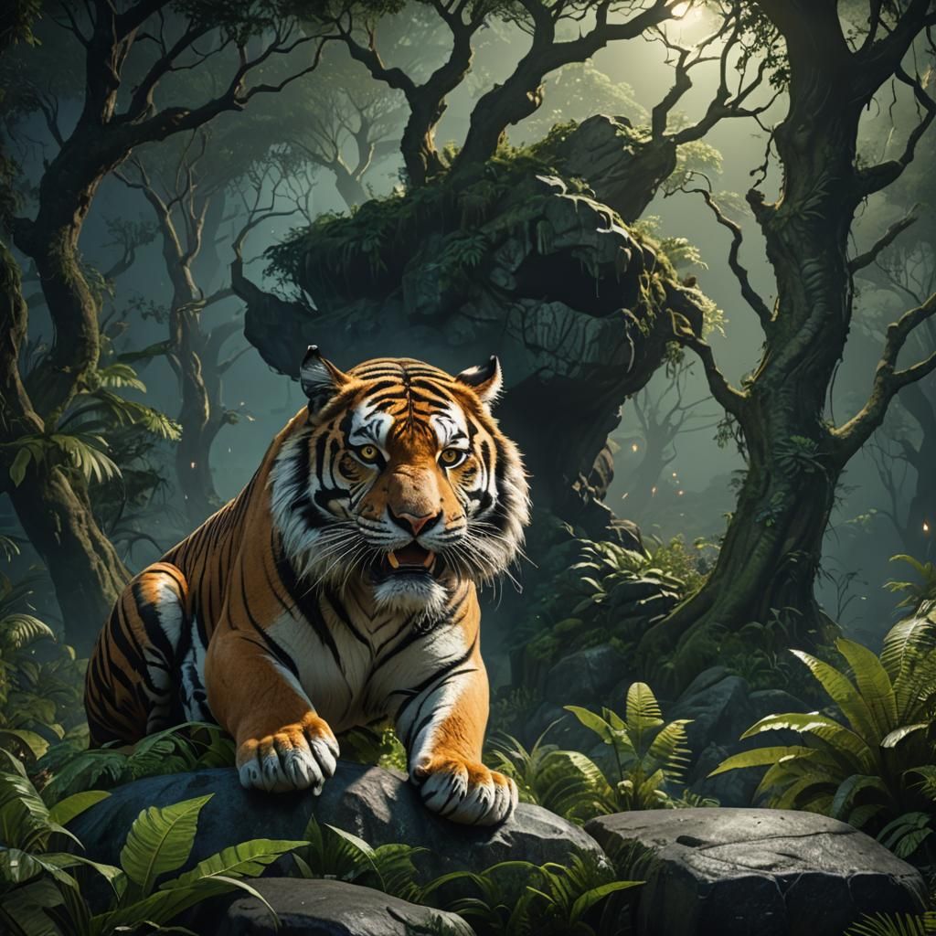 Tiger Roaring in a Lush Night Forest, Digital Art