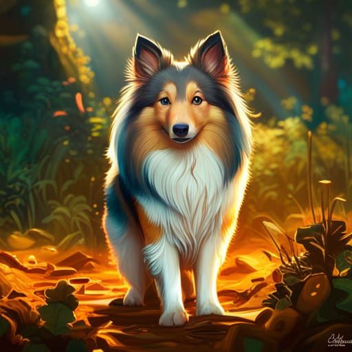 Hyperdetailed Sheltie Concept Art in Orange and Teal