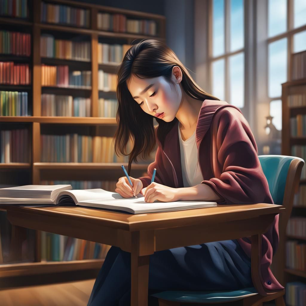 Hyperrealistic Korean Student in Library, Splash Art