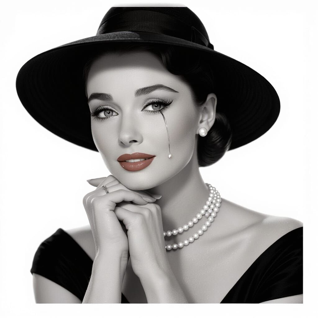 Film Noir Portrait: Woman with Tear and Pearl Necklace