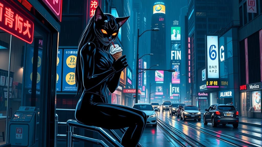 Cyberpunk Cat-Woman Android in Rainy Cityscape