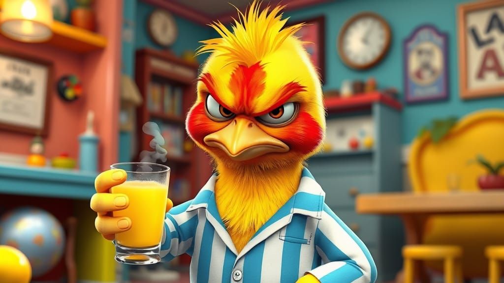 Grumpy Chick with Lemon Juice, Pixar-Style 3D Render