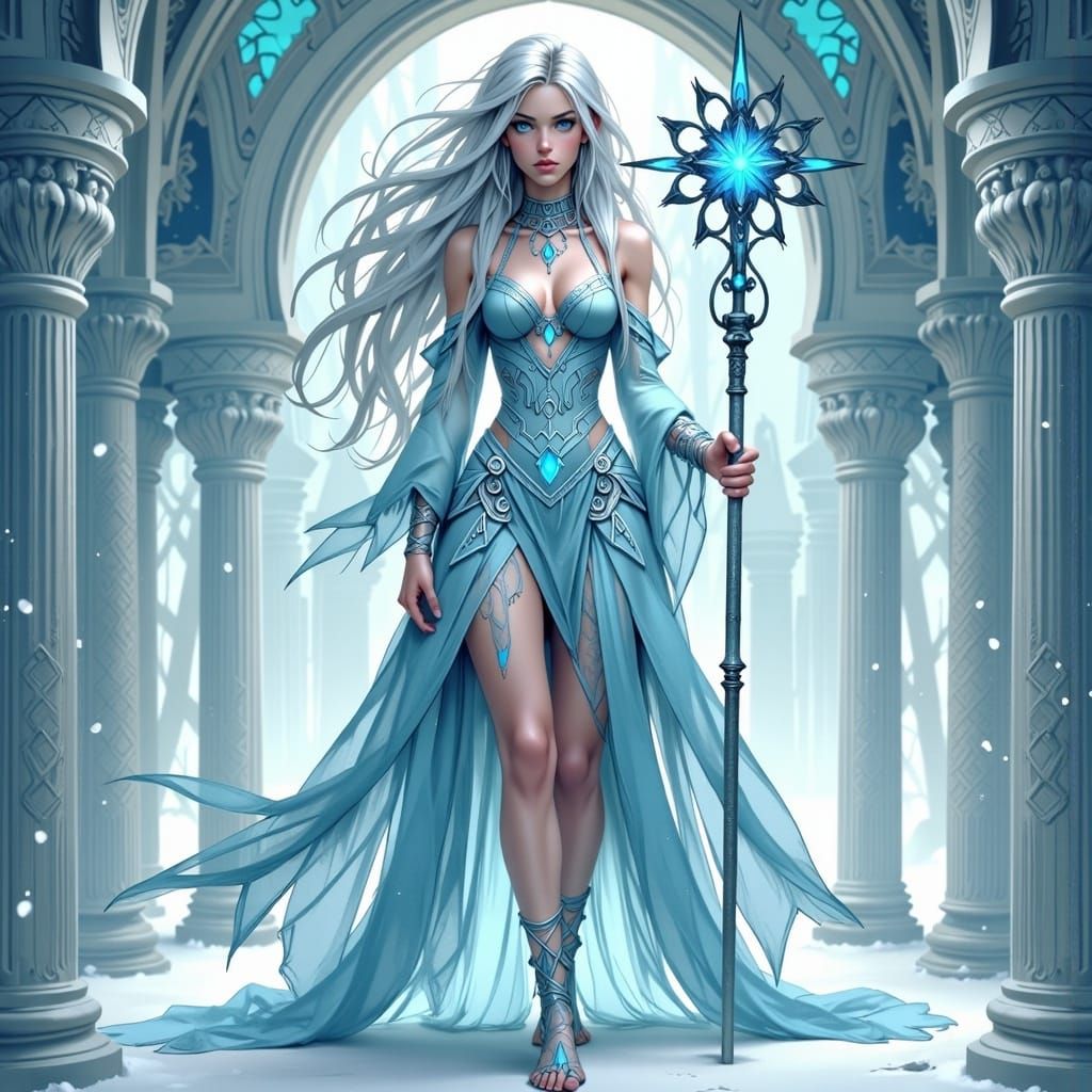 Icy Anime Queen in Winter Palace, Digital Art