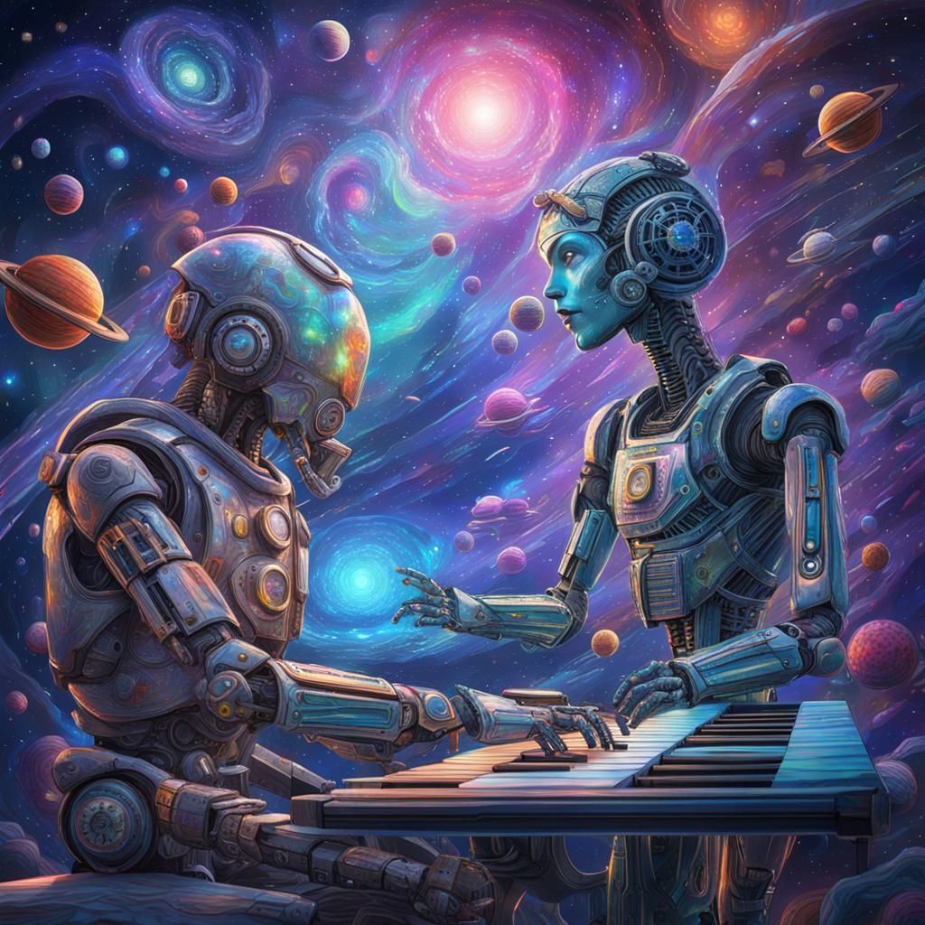 Cosmic Robot Teacher Illustration in Pablo Amaringo Style