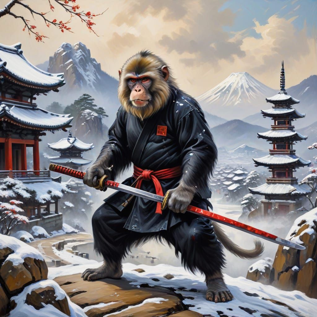 Ninja Macaque with Katana: An Oil Painting