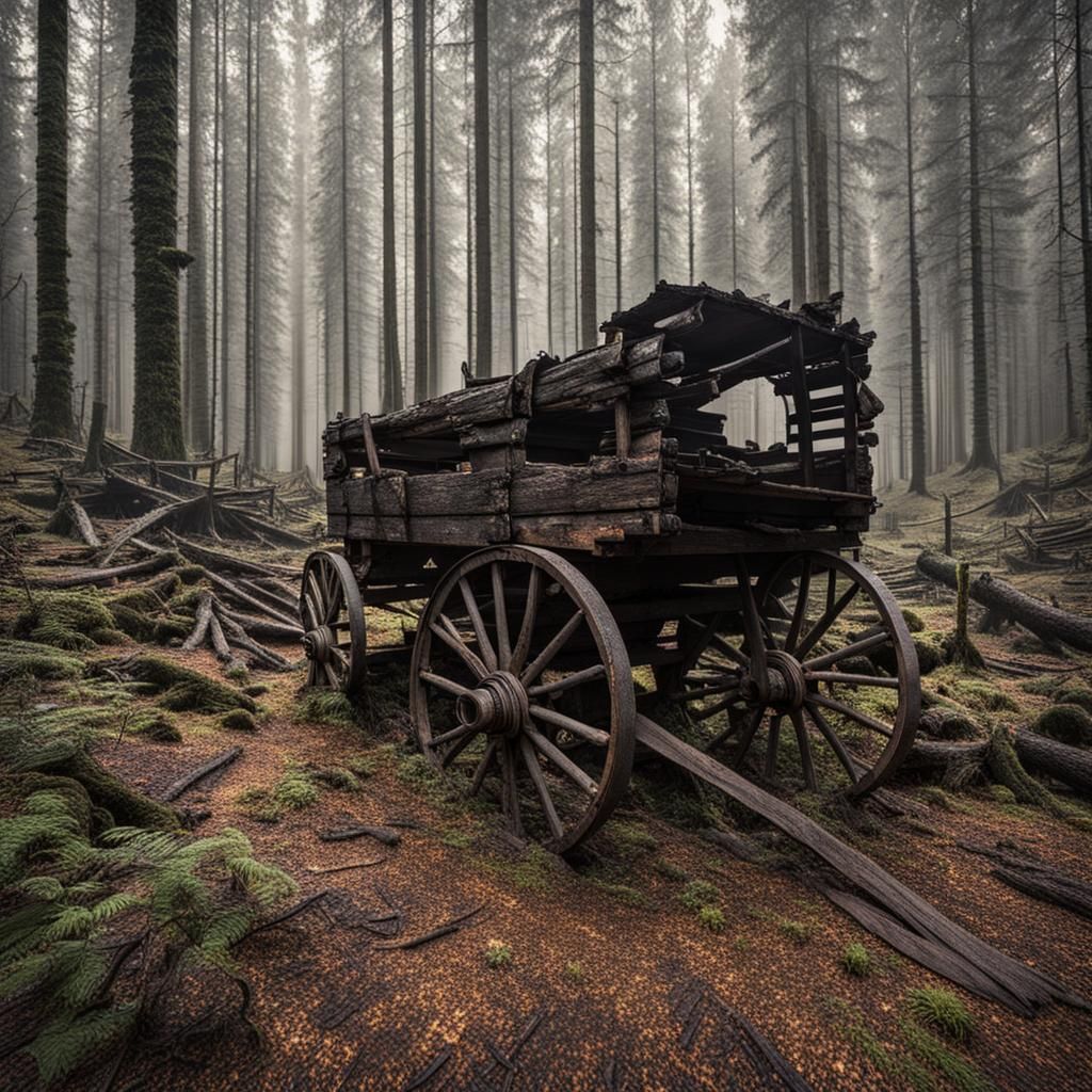 Burnt Wagon Remains in Forest Clearing