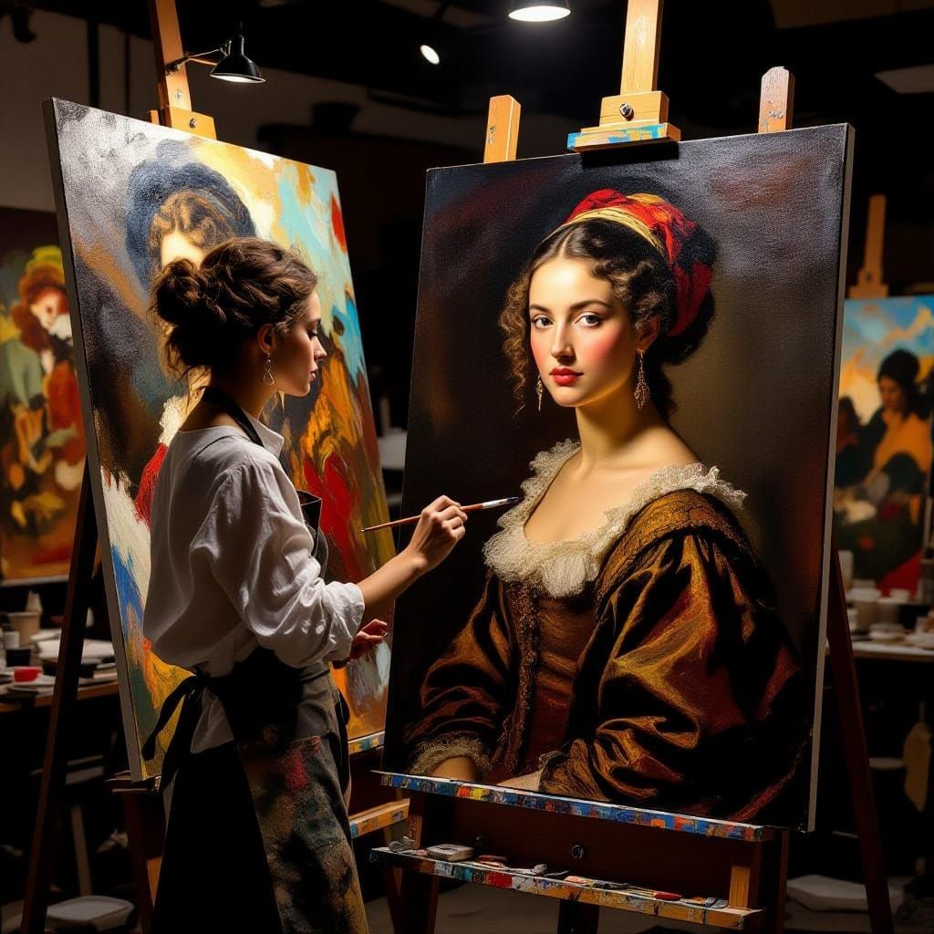 Artist Paints Woman Portrait in Dramatic Studio Light