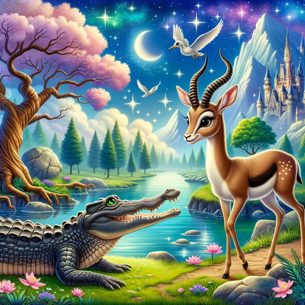Magical Friendship: Crocodile and Gazelle by River