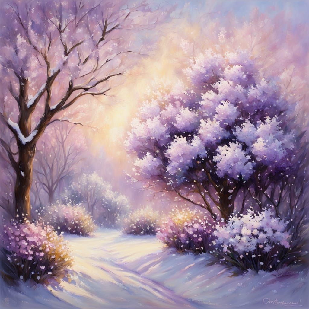 Whimsical Winter Lilac Bloom in Soft Focus Oil Painting