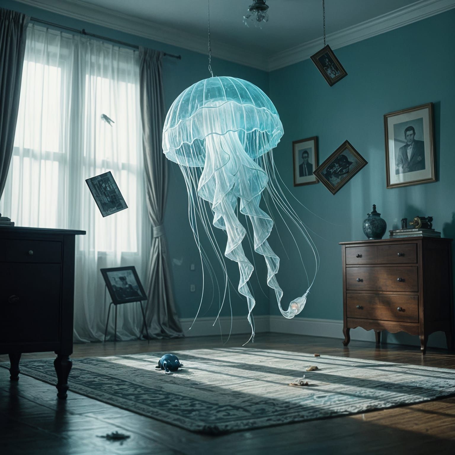 Surreal Tilted Room with Bioluminescent Jellyfish in Film St...