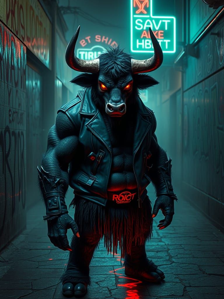 Cyberpunk Bullman in Misty Alley