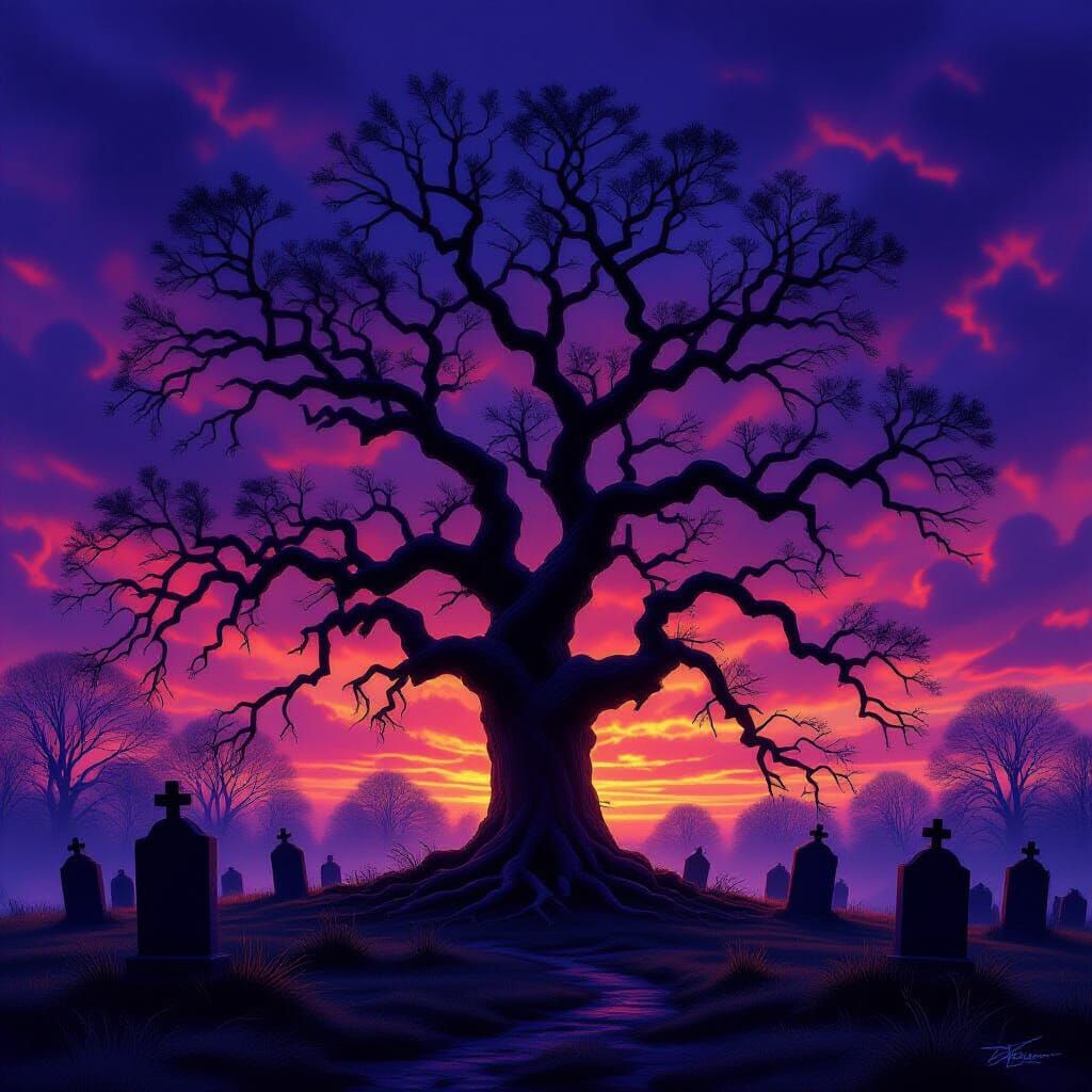 Ancient Oak Tree in Twilight Graveyard, Dark Fantasy Style
