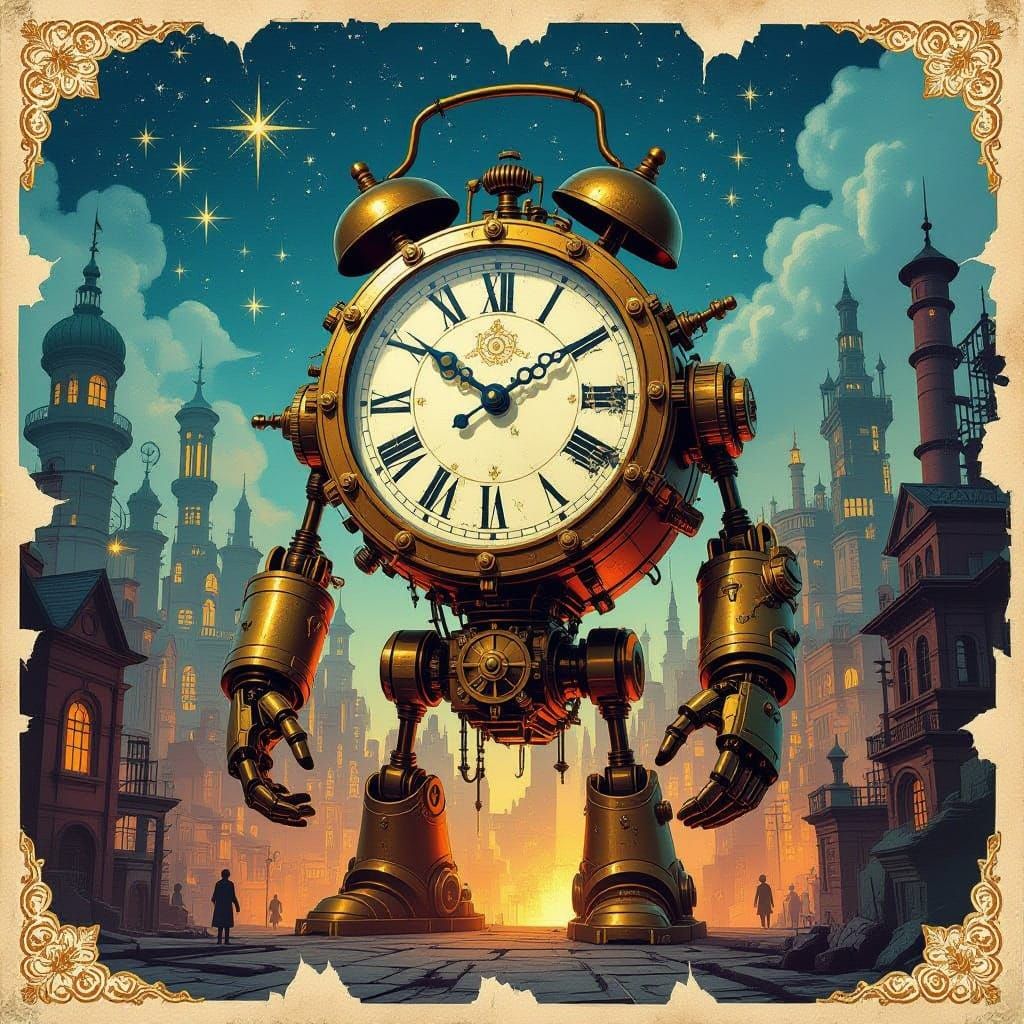 Ethereal Steampunk Timekeeper Amidst Dystopian Metropolis