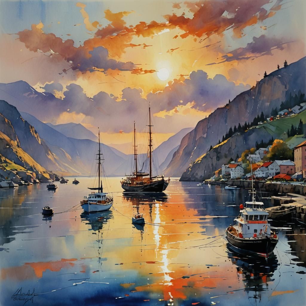 Sunset Fjord Ships Watercolor Painting