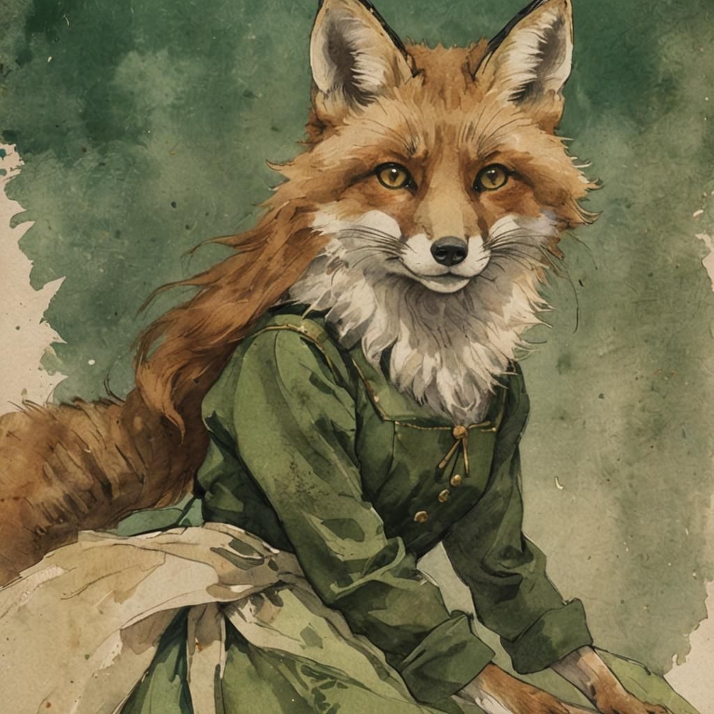 Anthropomorphic Fox in Green Dress