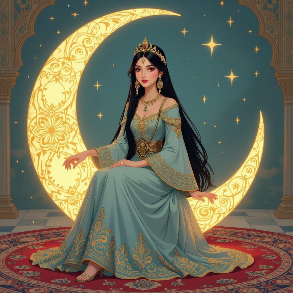 Persian Princess on Moon of Carpet in Whimsical Style