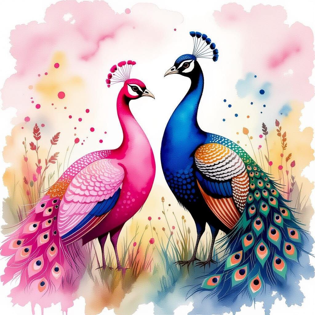 Pink and Gothic Peacock Meeting in Watercolor Style