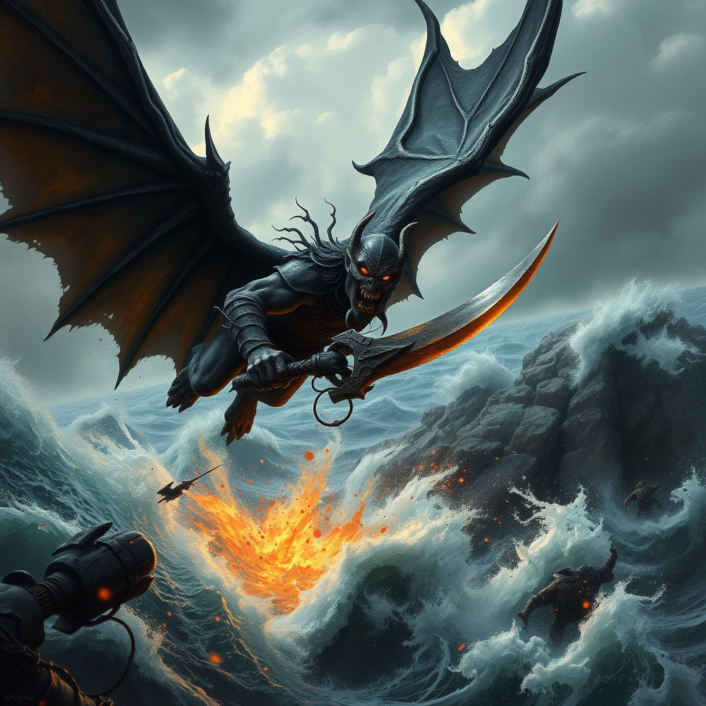 Demonic Orc Warrior Descends into Seascape Battle