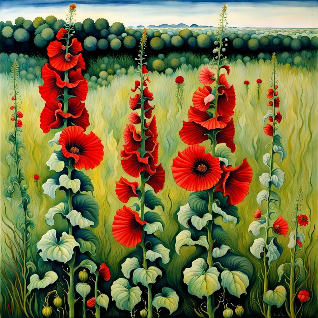 Surreal Red Hollyhocks in Watercolor Oil