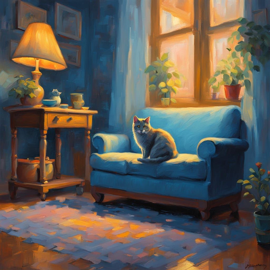 Surreal Blue Cat in a Dreamy, Golden-Lit Interior