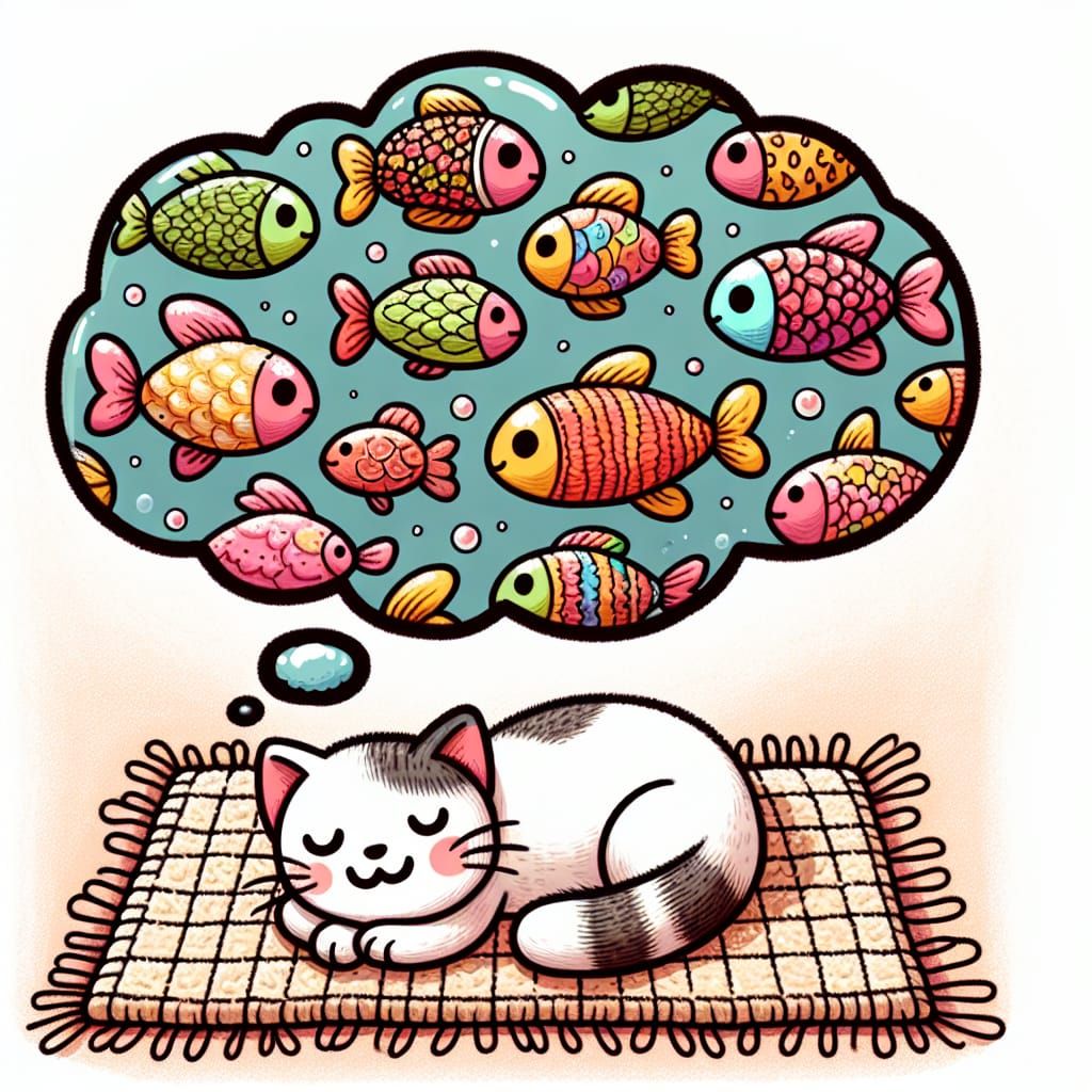 Playful Cartoon Poster of Cat Dreaming of Fish