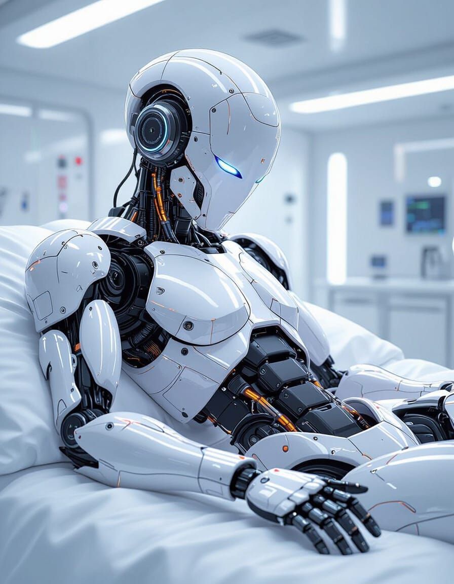 Humanoid Robot in Sterile Lab, Anime Key Visual Style