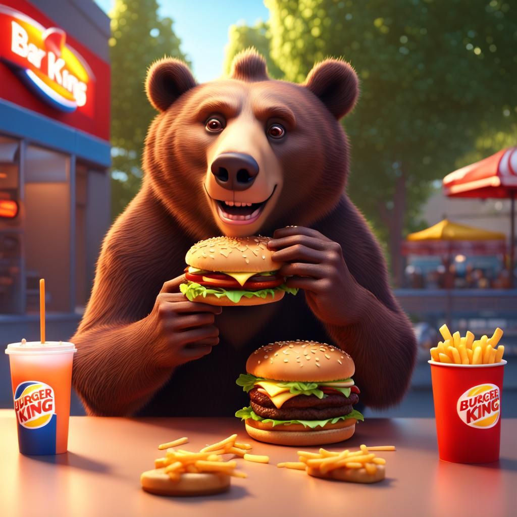 Bear at Burger King: Pixar-Style 3D Render