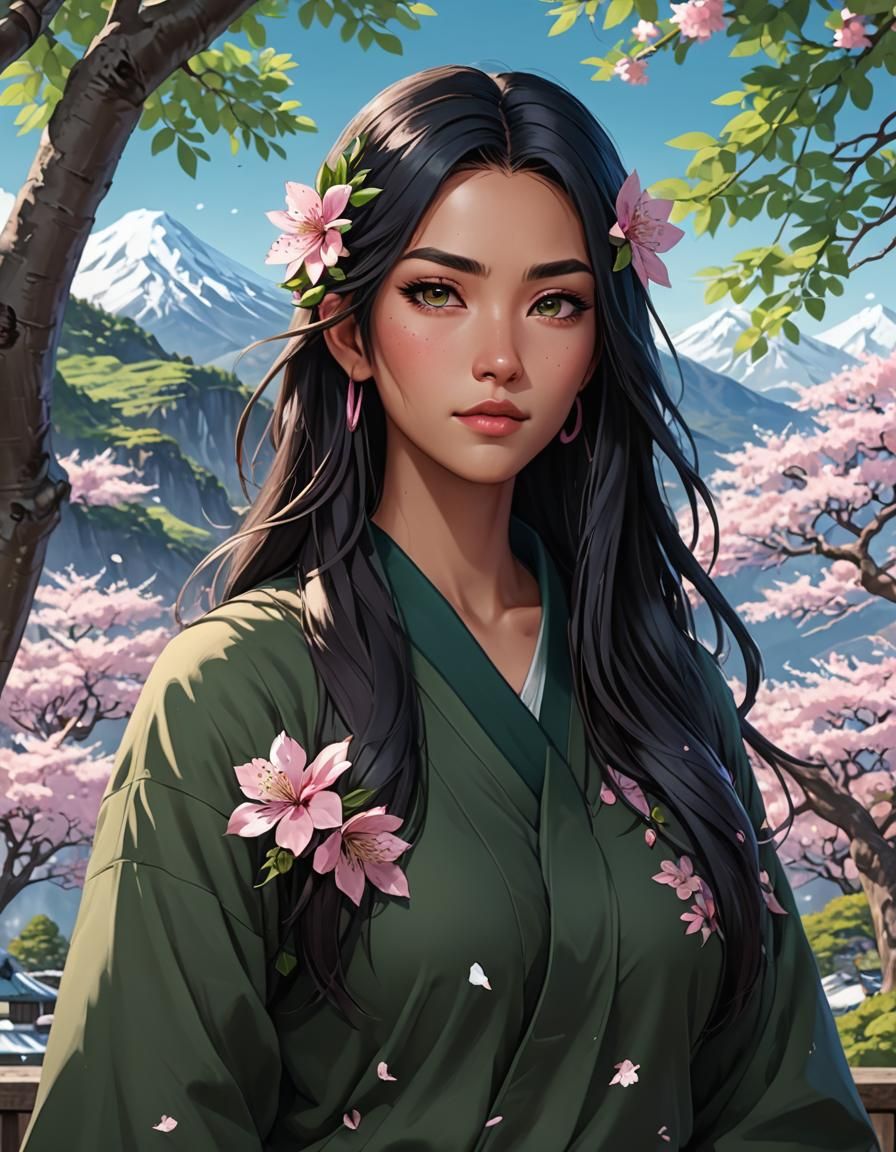 Polynesian Beauty Amidst Sakura Trees: Anime Style