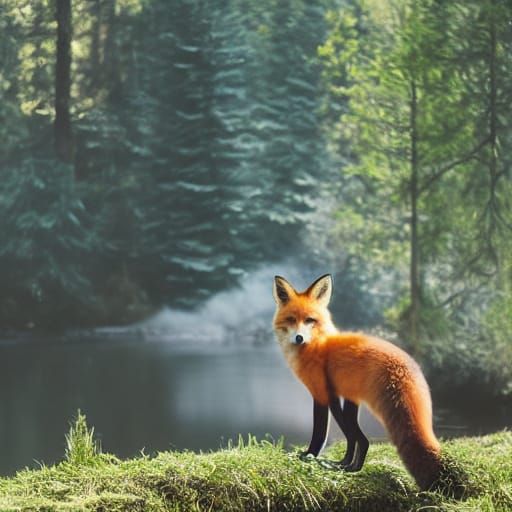 magic, enchanted forest, river, cabin in the background, fox