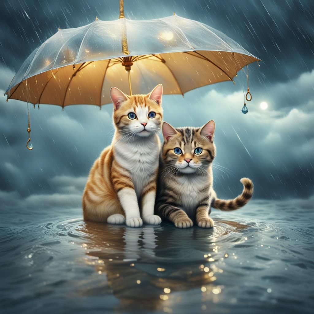 Cats on Umbrella in Stormy Ocean: Digital Art