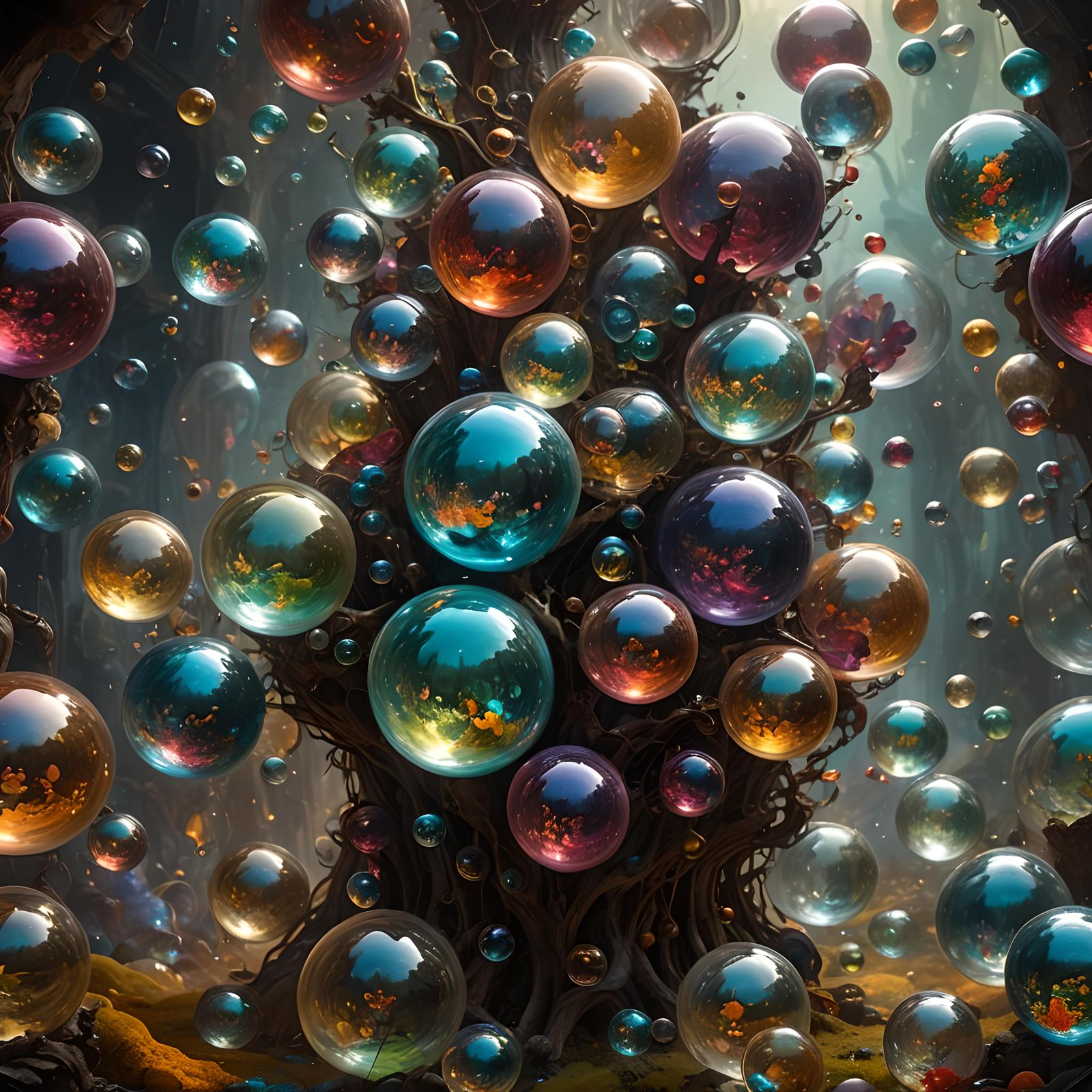 Vibrant Universes Flowing Through Transparent Glass Orbs