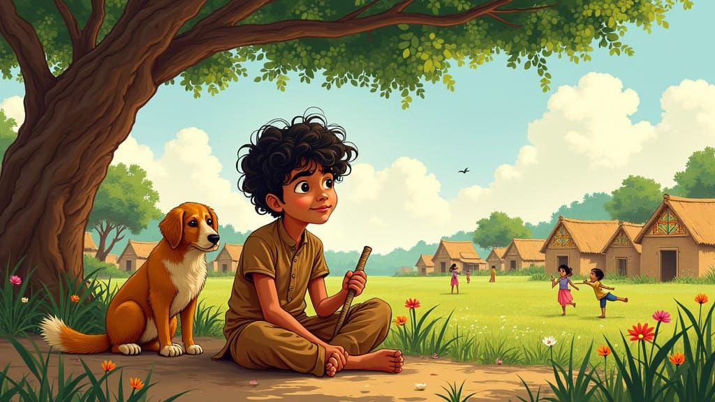 Vibrant Indian Village Scene in Folk Art Style