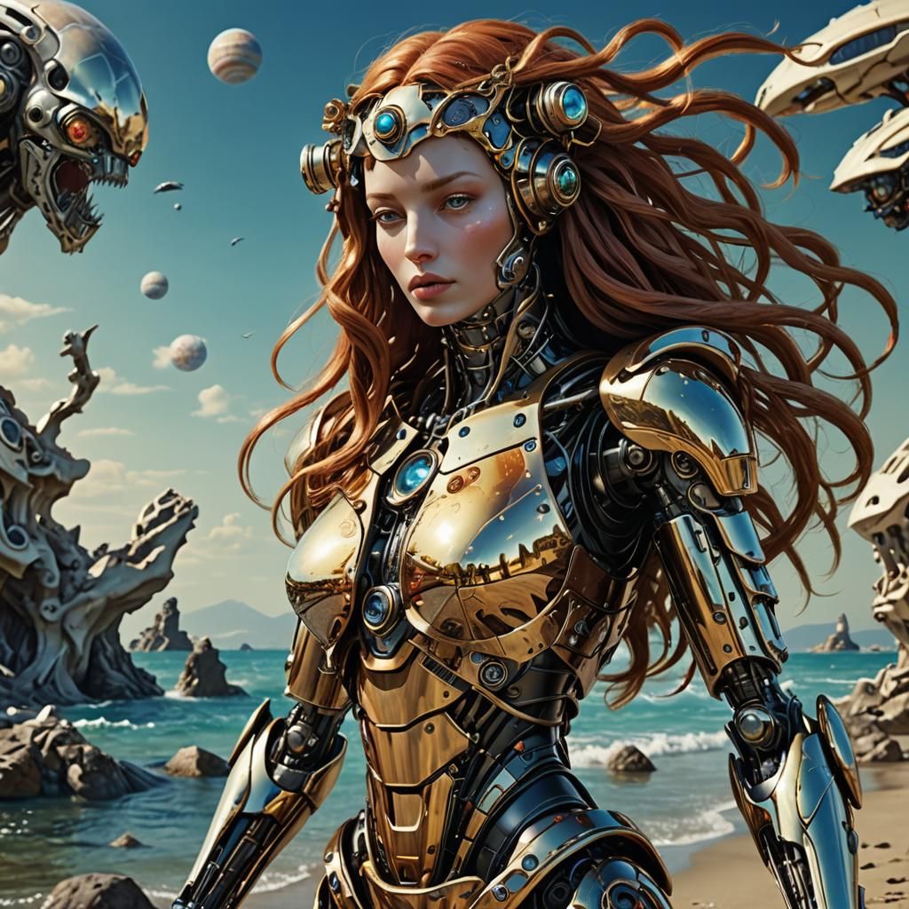 Gothic Robot in Alien World, Botticelli Style